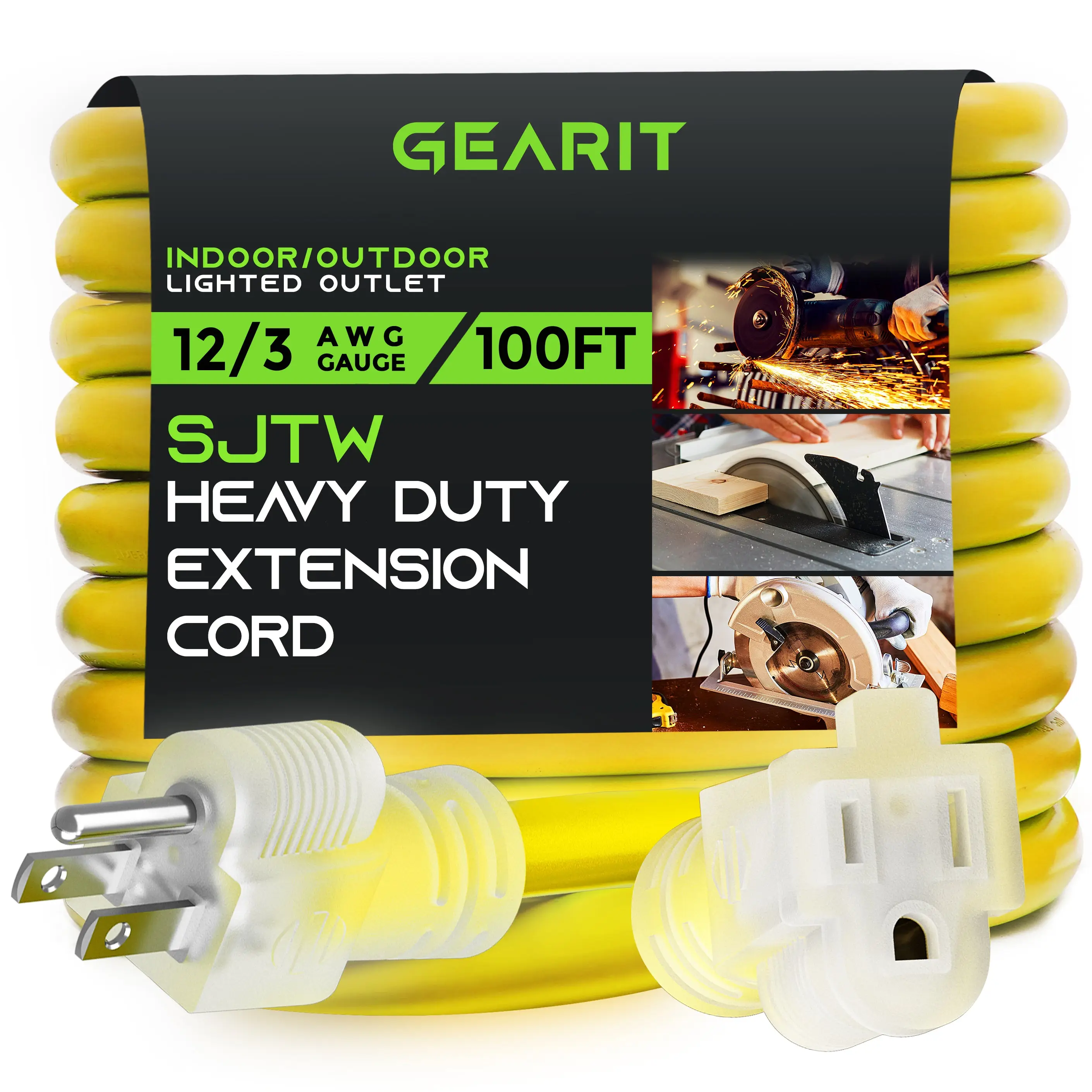 GEARit Heavy-Duty Power Outdoor Extension Cord Yellow, 100 Feet - 12/3 SJTW All-Weather Cord for Indoor and Outdoor Use extension cord
