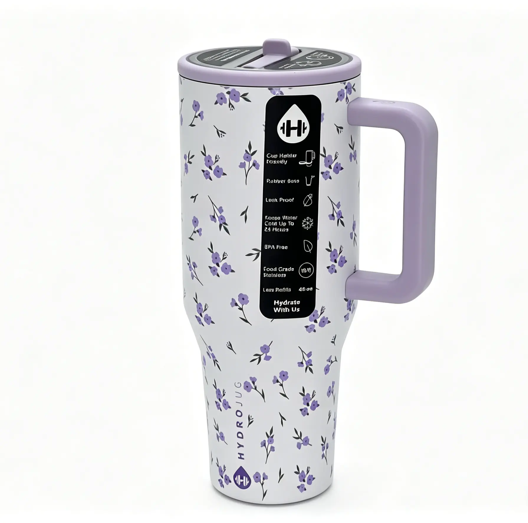 HydroJug Traveler 40 oz Insulated Stainless Steel Flask - Stylish Purple Wildflower Print, Handle, Flip Straw, Cup Holder-Fit, Leak-Resistant, Reusable, Rubber Base, Women's Gift, Flasks