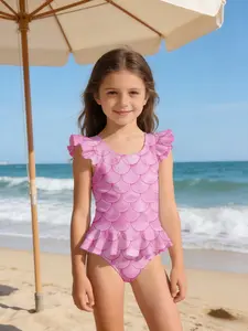 Summer Limited Edition! Girls' Pink Mermaid Theme One-Piece Swimsuit | Ruffled Cap Sleeves + Glittery Scales | Quick-Dry, Breathable Fabric | Perfect for the Beach, Water Parks, and Hot Springs | Cute and Feminine Princess-Style Swimwear