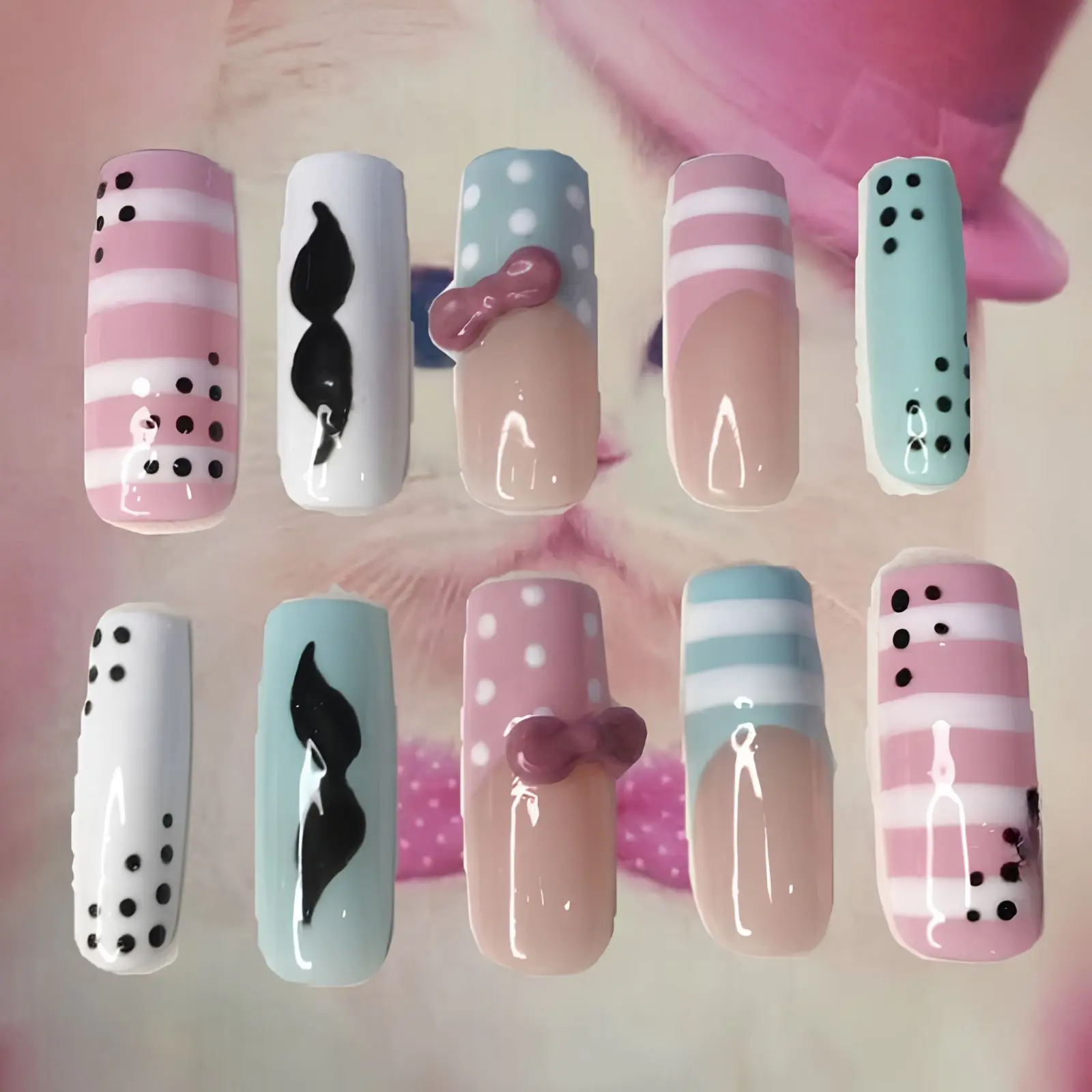 Pastel Coquette Press On Nails | Pink Blue Striped & Polka Dot Nail Art | 3D Bow Accent Y2K Nails