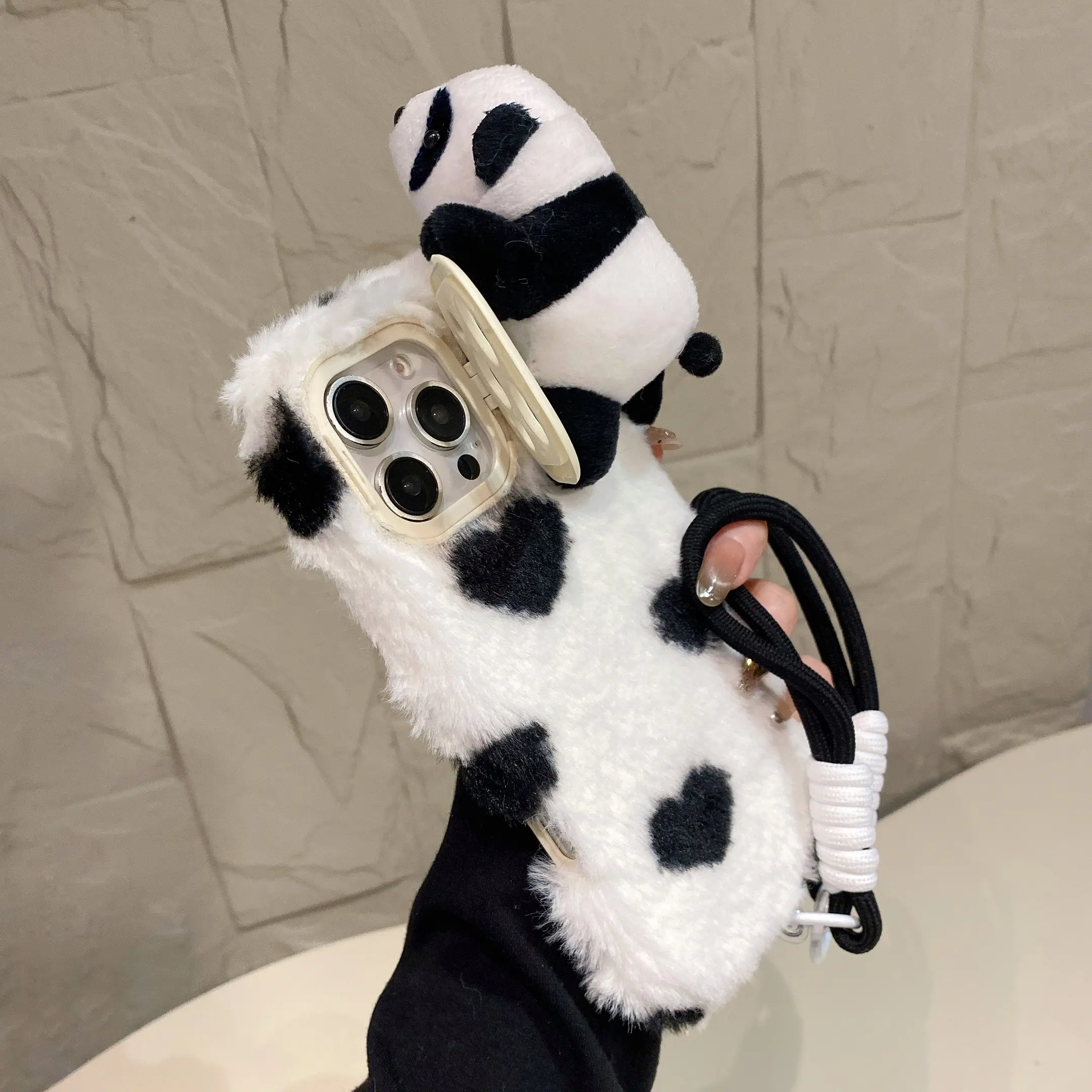 1PC Cute Fluffy White Background Black Heart Pattern Lying Panda Plush Protective Phone Case Cover with Black & White Double-ended Lanyard Stylish Cellphone Accessory For iPhone 17 16 15 14 13 Pro Max