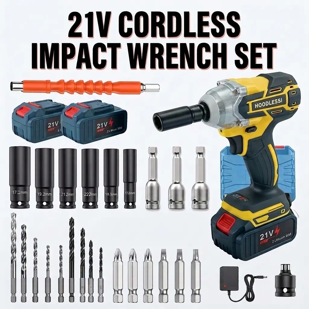 21V Brushless Cordless Impact Wrench Drill Kit Complete Accessory Set With 2000mAh Batteries Charger Storage Case Sockets Drill Bits For Automotive Repair Home Industrial Decoration Mens Gift