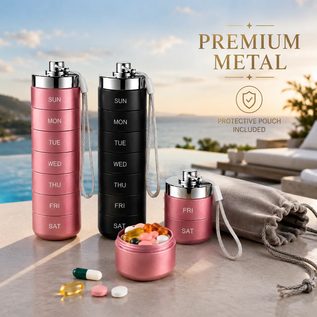Metal Travel  Organizer, Soft Pouch Included ,1 Count Portable 7-Day Stackable Waterproof  Case, Compact Daily Weekly Vitamin Supplement Fish Oil Holder, Mini   Storage Container for Purse, Pocket, Travel, Outdoor & Home (No ) pill box
