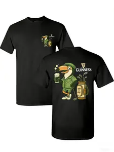 Guinness Men's Graphic Round Neck Short Sleeve T-Shirt, Cute Bird Mouth Fish & Beer/golf Bag Print, Casual Loose Fit Polyester Top, Easy Care