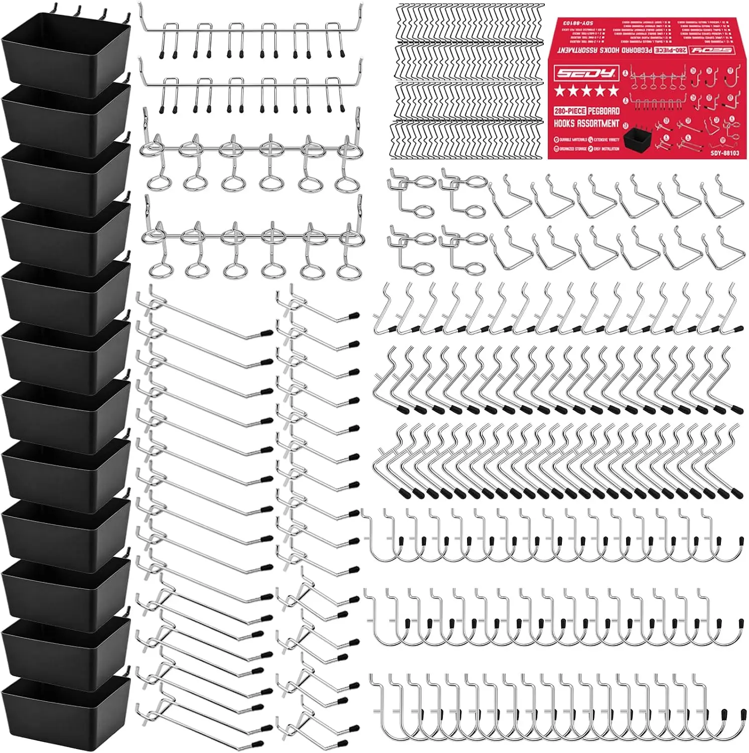 280PCS Pegboard Accessories Kit, Pegboard Hooks Assortment with Bins and Stainless Steel Peg Locks, Tool Organizer for 1/8" and 1/4" Pegboards, Garage Wall Organization, Workshop and Tool Storage