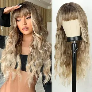 Blonde Wig with Bangs Long Curly Wigs for Women Dirty Blonde Curly Wavy Wigs with Dark Roots Synthetic Heat Resistant Curly Wig for Daily Party Use Couple Gifts