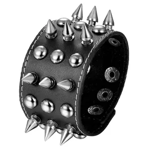 OIDEA Men Rivet Studded Leather Cord Bracelet Punk Braided Wristband Adjustable Magnetic Clasp