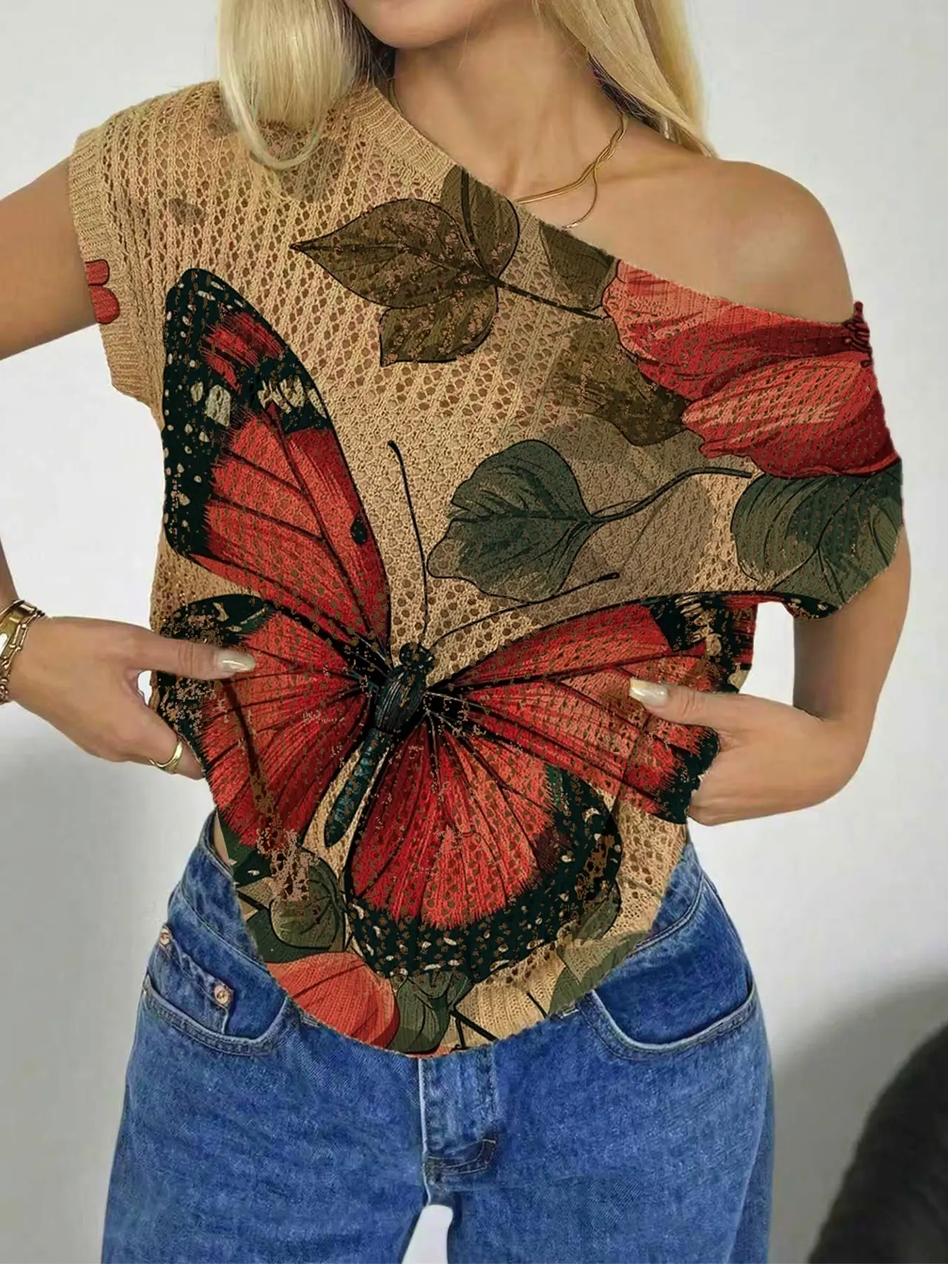 Spring Summer Women's Beach Vacation Style Asymmetrical Neck Off-Shoulder Batwing Sleeve Semi-Sheer Lace, Butterfly Print Knit Top