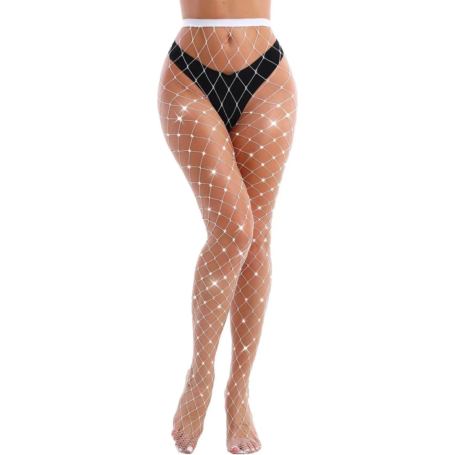 VEBZIN Sparkly Large Mesh Fishnet Tights Glitter Rhinestone Fishnets Stockings