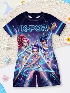 Summer Kpop Kids' One-Piece Short Sleeve Swimsuit - Cyber neon tech base, with cool mecha warrior characters & glowing "K-POP" letters, back neck cutout design, quick-dry & skin-friendly, perfect for pools/beaches, ideal summer gift for kids 4-14