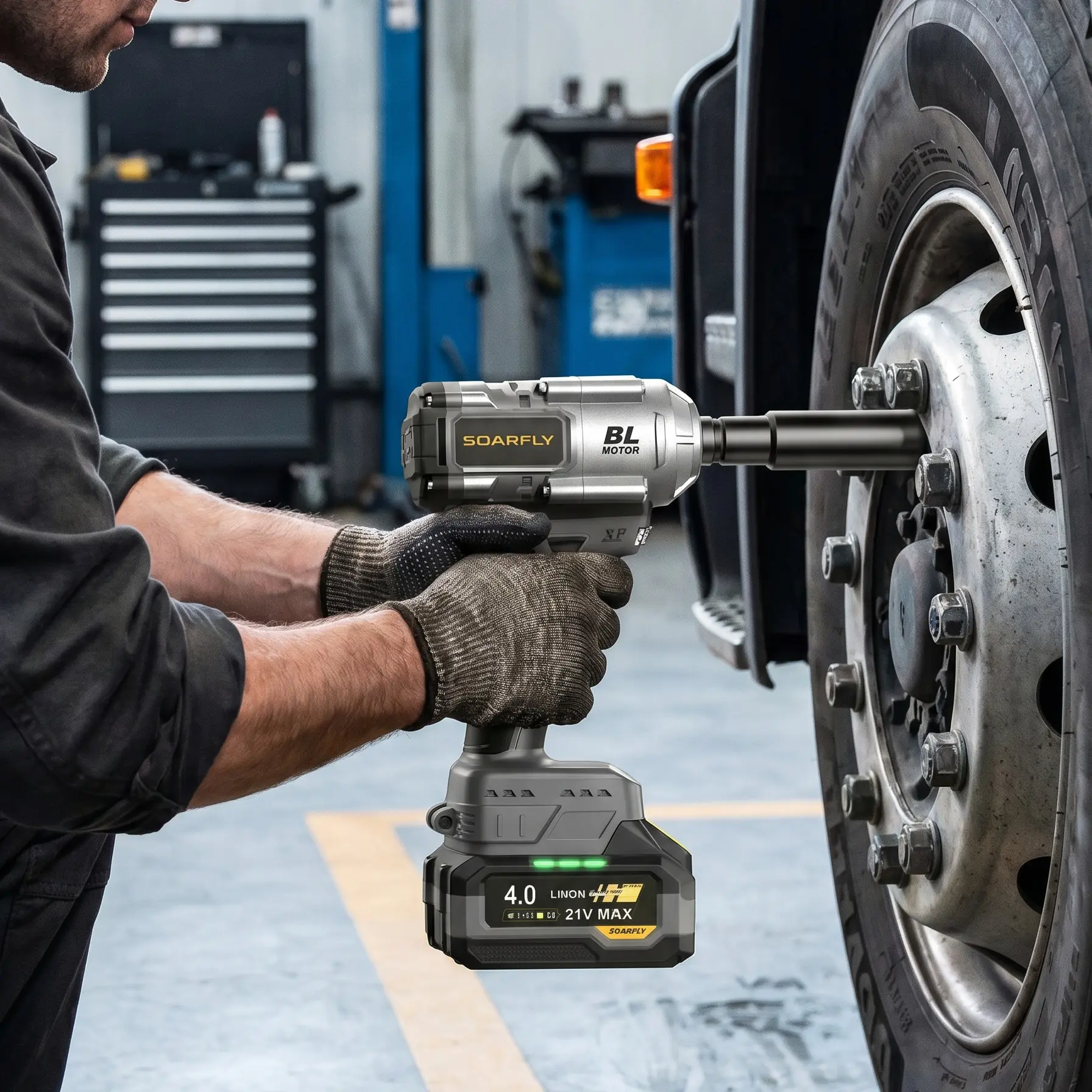 SOARFLY 1200NM Impact Wrench, Cordless, For Car, Trucks Power Tool Rechargeable High Torque, 2x 4.0Ah Batteries, Fast Charger, 3000RPM, 5 Sockets & 1 Extension Bar
