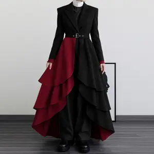 INCERUN Women's Autumn-Winter Gothic Color Block Tiered Ruffle Longsleeves Belted Coat - Elegant Fitted Asymmetrical Designer Outerwear, 1-Piece Formal Chic Blazer for Fashion Dinners, Art Galas (Goth Clothes)