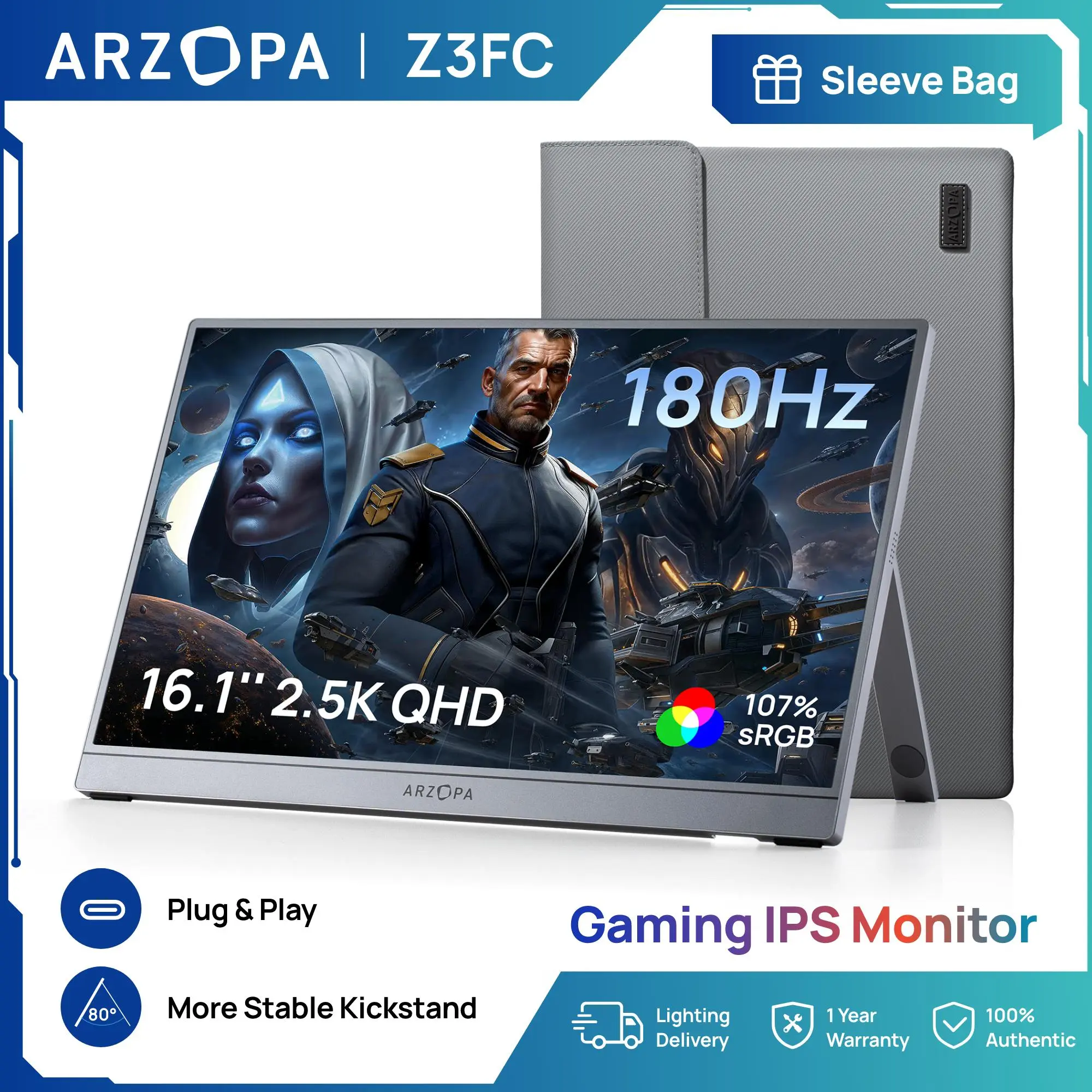 ARZOPA  Z3FC/ Z1FC 16.1" Portable Gaming Monitors – 180Hz 1440P QHD / 144Hz 1080P FHD – Ultra Slim External Display for Laptops Gaming PC PS5 Xbox Mac with Built-in KickStand & Dual Speakers – Gray