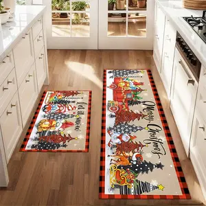 2Pcs Christmas And New Year Printed Kitchen Floor Mat Gnome And Christmas Tree Floor Mat Set Farmhouse Kitchen Carpet Restaurant Floor Laundry Room Decoration Carpet Mat