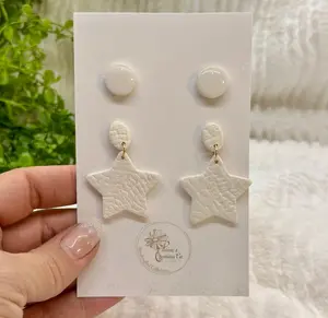 White Star Dangle and Round Stud Set | Polymer Clay Earrings