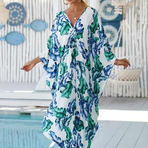 Women's Leaf Print Batwing Sleeve Split Hem Kimono, Boho Casual Long Sleeve V Neck Kimono For Spring & Fall, Women's Clothing For Beach Holiday Vacation, Beach Cover Up, Swimsuit Cover Up, Cover Up Beachwear, Beach Coverup