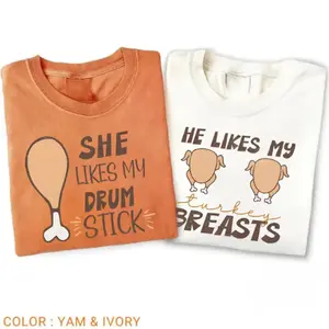 Comfort Color Thanksgiving Couples T-Shirt, Turkey Breast Drum Stick Couples Thanksgiving Shirt, Funny Thanksgiving Matching Tshirt Funny Couple Tee