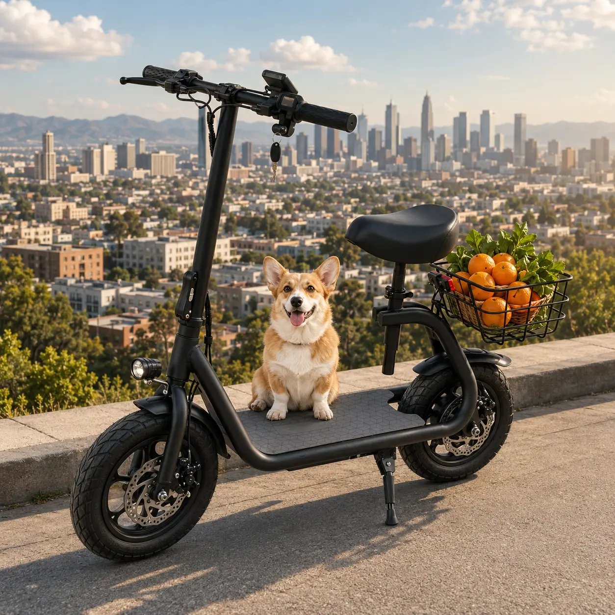 Foldable Electric Scooter with Seat and Basket - 800W Peak Motor, 48V/10Ah Rechargeable Battery, LED Headlight, Rear Disc Brakes, Dual Shock Absorbers, Adjustable Height, Customizable Size, 20MPH Max Speed, 28Miles Max Range, 265Lb portable commuter, Fold