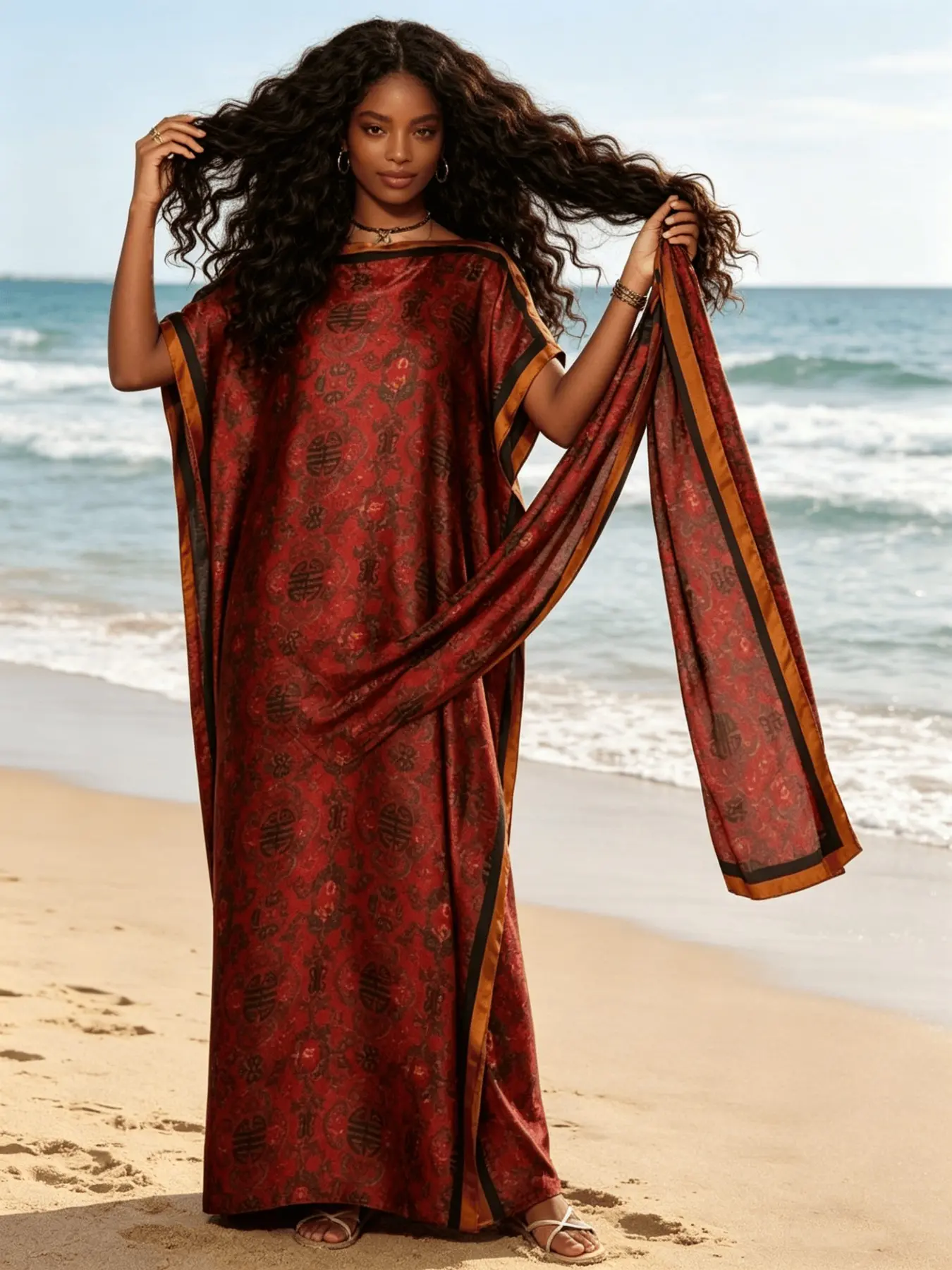 1 Robe+1 Scarf 2-piece Retro Red Chinese Totem Print Dress Set Large Ship Collar Loose Flesh Covering Long Dress Bohemian Exotic Light Luxury Vacation Style Elegant and Noble Vacation/Daily Flesh Covering Thin Womenswear, Elegance