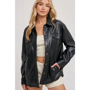 Vegan Leather Shacket - Black, Fitted Long Sleeve Button-Down Shirt Jacket with Pockets, Casual Chic Style for Autumn