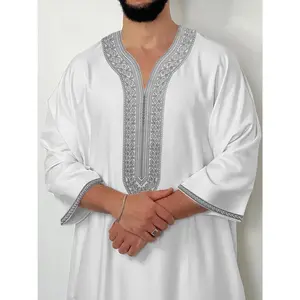 (Zhiyu's selection) A solid color loose Moroccan Men's robe, pure white Silvery thread embroidered robe, Muslim fashion traditional festival clothing, Gift for Eld, Gift for Ramadan