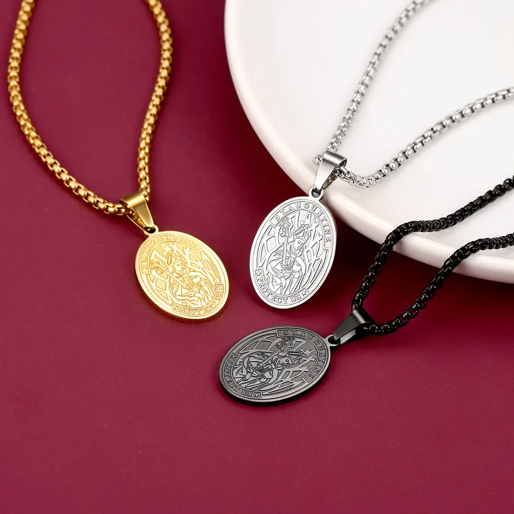 FaithHeart High Quality Solid Saint Augustine Letter Pendant Necklace - Unisex Oval Stainless Steel Religious Jewelry, 18-20" Paperclip Chain, Personalized Capital Initial Accessory with Jewelry Pouch for Adults