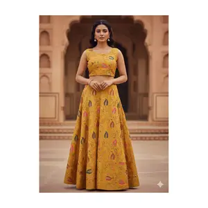 K11 Mustard Yellow Embroidered  Jacquard Fabric Lehenga Choli Set (Unstitched Sleeves attached)Top & Flared Skirt