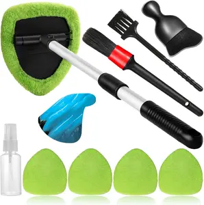 10 count Windshield Cleaner Tool,  Window Cleaning Wash Kit with 4  Microfiber Pads 1 Spray Bottle and Extendable Handle Auto Glass Wiper Kit, Green