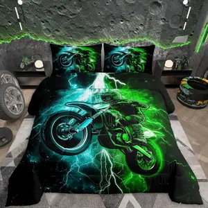Racing Motocross Rider Kids Bedding Set,Boys Girls ,Dirt Bike Comforter Set,Blue and Green LightningUltra Soft Duvet Quilt,Extreme Sports Comforter Colorful Modern Bedroom Decor