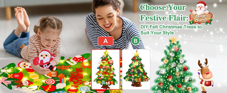 DIY Felt Christmas Tree Kit with 34pcs Detachable Ornaments & 5M LED Lights for Kids - 3.3 FT Wall Hanging Xmas Decorations Craft Kits