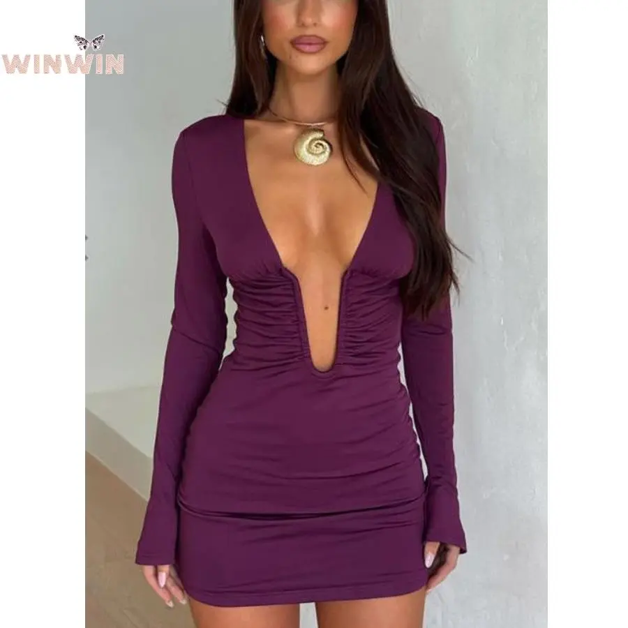 chinese dress ladies Amazon.com: Y2k Long Sleeve Knit Dress - Vintage Slim Fit Rolled Edge Mini  Party Dress main image 1