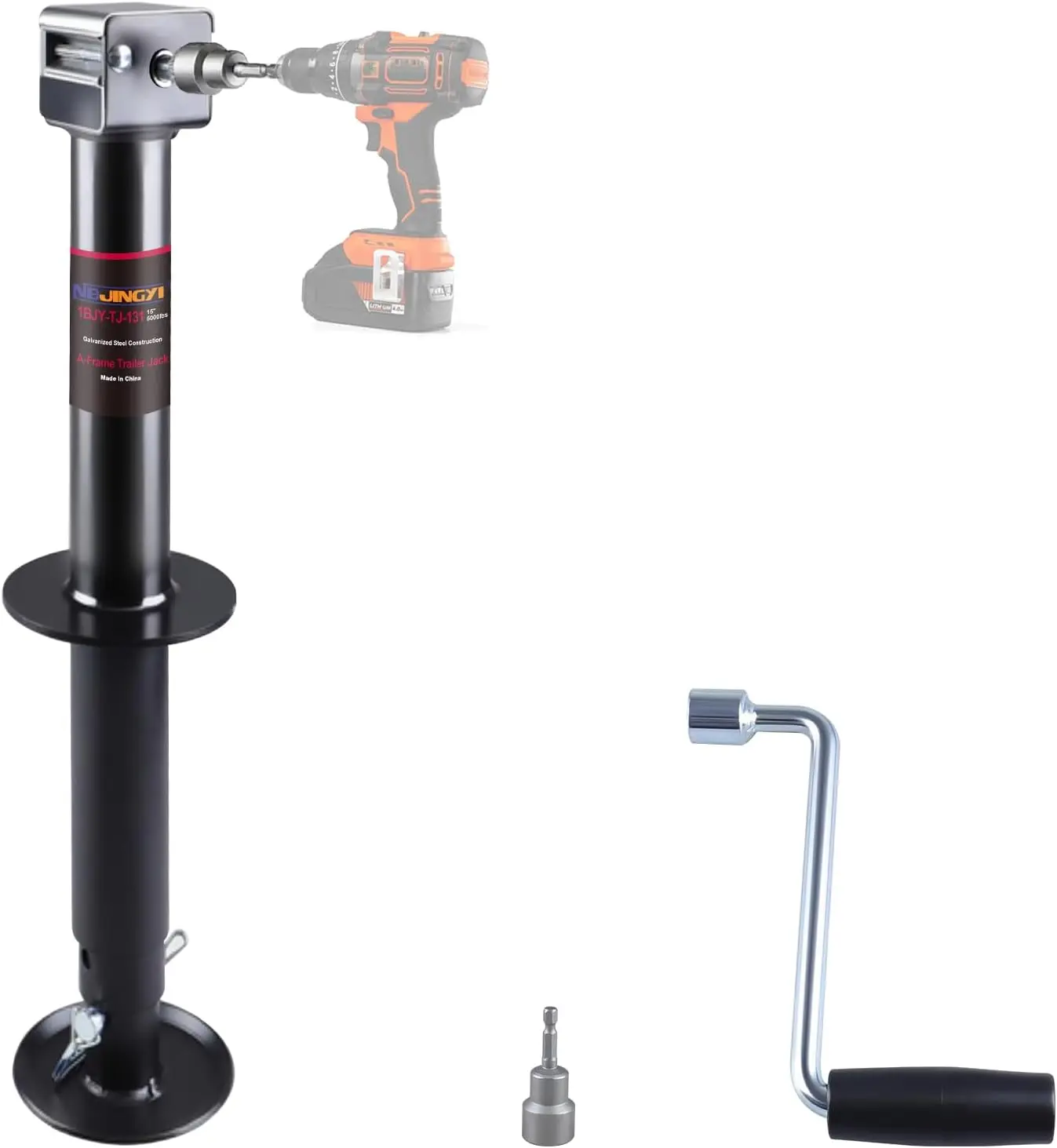 5,000 lbs A-Frame Trailer Jack, Power/Manual Dual Mode Jack Compatible with 20-24V Cordless Drills, 23" Vertical Travel with 5-Position Drop Leg, Marine-Grade Zinc Finish