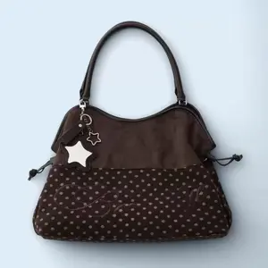 （Comes With A Star Charm）Mori Dimsum Y2K Bag | Cute Brown Polka Dot Tote | Womens Fashion Top Handle Shoulder Bag, Polyester, Female Tote
