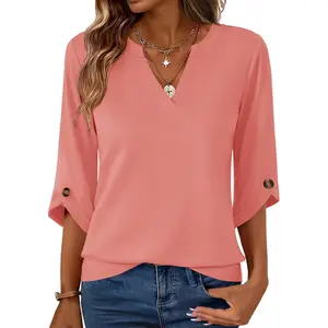 Womens 3/4 Length Sleeve Tunic Tops Casual V Neck Shirts Business Work Blouses Trendy Flowy Tees