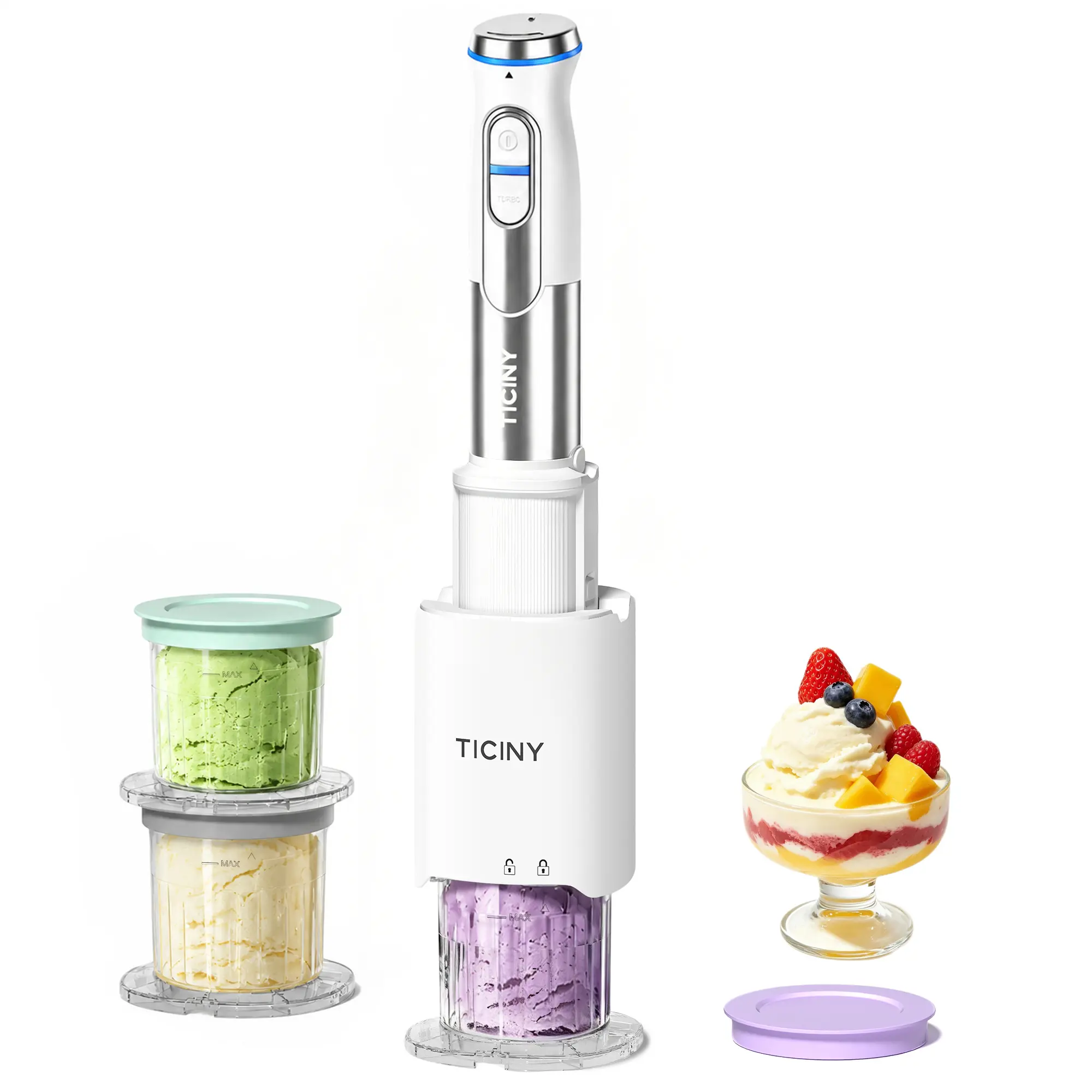 TICINY CreamCrown 500W Ice Cream Maker, 17-Speed Texture Control + Turbo Boost, 3 Half-Pint Cups, Safety Lock, Personal Frozen Dessert Maker for Gelato, Sorbet, Slushies & Soft Serve