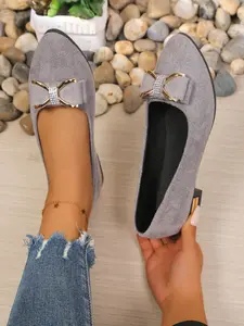 Women's Light Gray Suede Pointed-Toe Low-Block Heel Flats Rhinestone Bow Decor Casual Shoes Daily Commute Footwear Comfortable Walking Shoes Elegant Office Shoes Dress Flats Slip-On Party Shoes