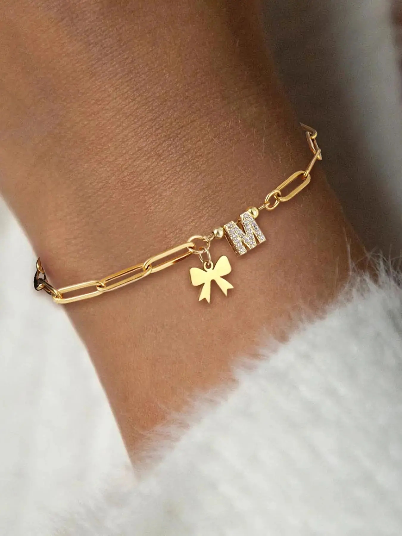 Bowknot Design Initial Bracelet, Rhinestone Decorated Link Bracelet for Women & Girls, Letter Link Bracelet, Initial Letter Bracelets, Fashion Jewelry for Party, Daily Decor, Fashionable Bracelet, Stainless Steel Bracelet