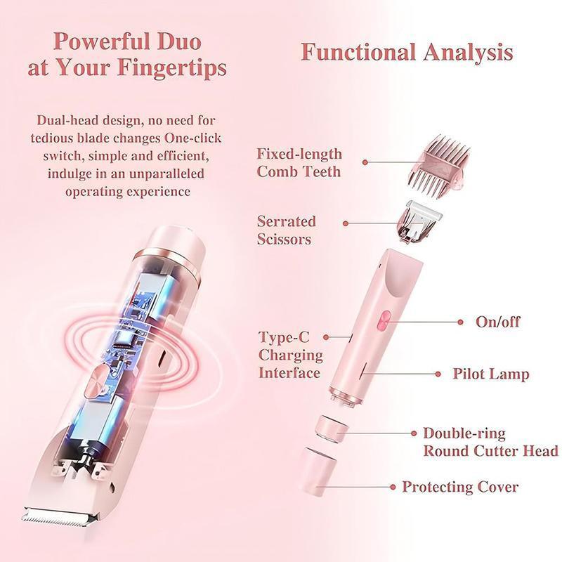 Electric Trimmer for Women, Electric Shaver and Razor Rechargeable 2-in-1 Body , Dual Heads for Painless Trimming of Pubic Hair, Face, Underarms and Legs, IPX7 Waterproof. Christmas Gift New Year Gift