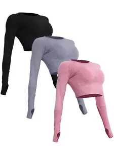 Women's 3pcs Solid Raglan Sleeve Crop Sports Tee, Athletic Yoga Tops, Casual Long Sleeve Round Neck T-Shirt for Yoga Gym Workout Wear, Women Sport & Outdoor Clothing for Spring & Fall