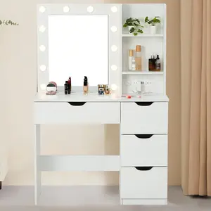 Vanity Desk with Mirror and Lights, Makeup Vanity Desk with 3 Light Modes, Built-in Power Strip with USB Ports, 4 Drawers & Side Shelves, Bedroom Dressing Table