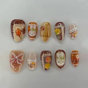 Handmade Vintage Fall Press On Nails | Lace Trim, Caramel Plaid & Pumpkin Details | Cozy Brown Nails For Country Chic Style
