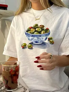 Women's Olive & Grape Print Round Neck Tee, Vintage Trendy Casual Short Sleeve T-shirt for Daily Wear, Ladies Summer Outfit, Top, Casual Fashionable Top
