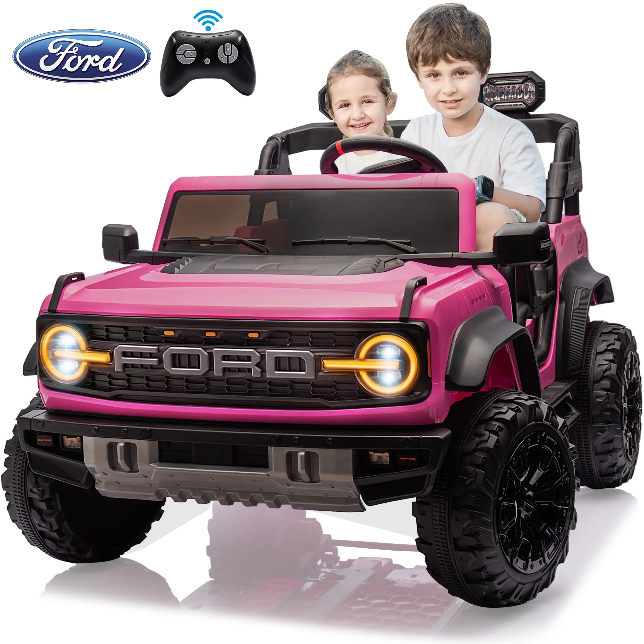 CoCLUB 24V 2 Seater Ride on Toy Car, Licensed Ford Bronco Raptor Ride on Trucks with Remote Control, Bluetooth Music Player, Spring Suspension, Gift for Boys and Girls