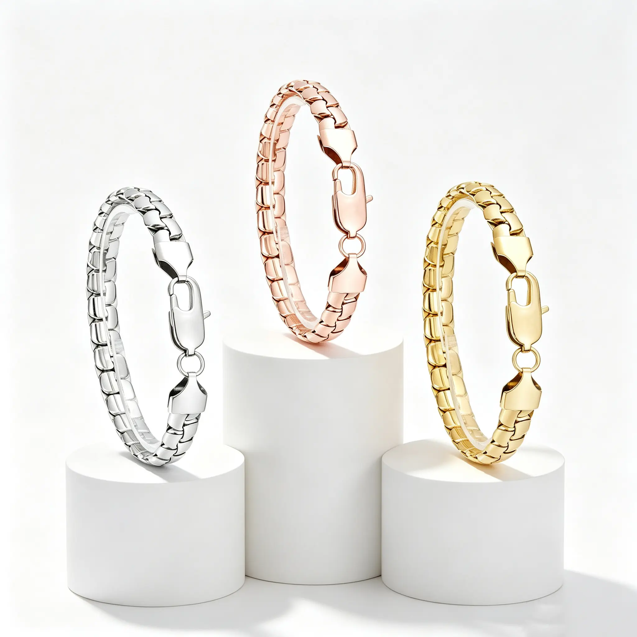 Men’s Polished Box Chain Bracelet,18K Gold Plated Stainless Steel Venetian Link Wrist Bracelet,3‑Colors Silver Rose Gold Gold Classic Daily Jewelry