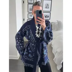 Tassels Patchwork Knitted Printed Cardigans Women Sweater Belts Long Sleeve V-neck Colorful Thicken Fashion Sweaters 2025 Autumn Can be used with raincoat