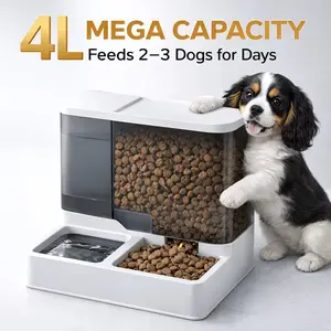 4L Large Capacity Pet Automatic Feeder and Waterer Set, Visible Storage Box, Dual Bowl Gravity Feeding Station, Suitable for 2-3 Dogs