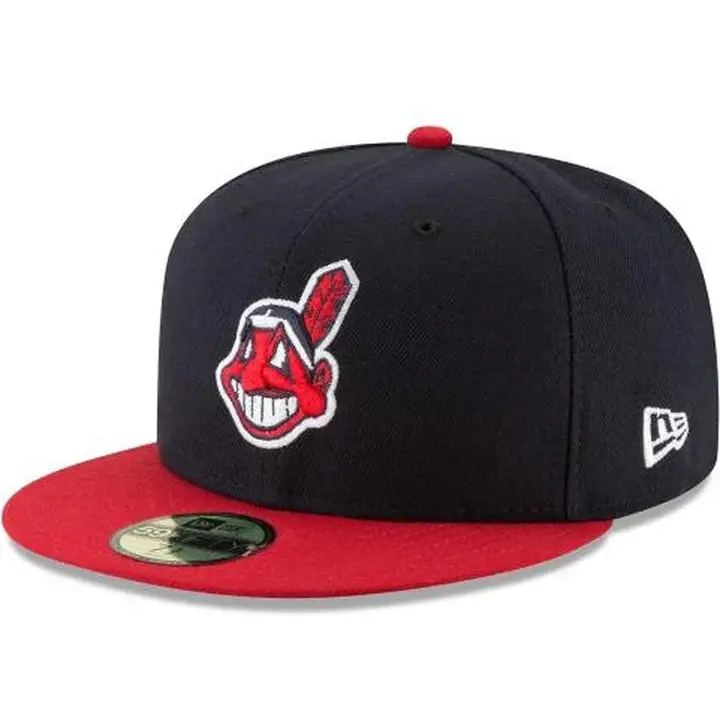 Cleveland Indians New Era 59FIFTY Fitted Hat – Road Collection Chief Wahoo Classic MLB Flat Brim Cap