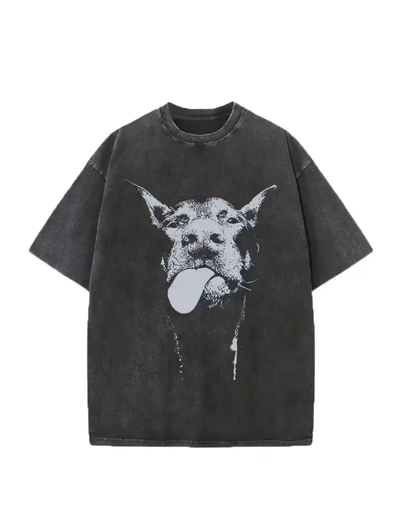 Women's Retro Doberman Graphic Vintage Washed Cotton Short-Sleeve T-Shirt - Casual Relaxed Fit Round Neck Streetwear Tops, Everyday T-Shirts, Washed Cotton Tee-Black1, Shortsleeve, Streetwear Clothing, Streetwear For Women,men's t shirts,graphic shirts
