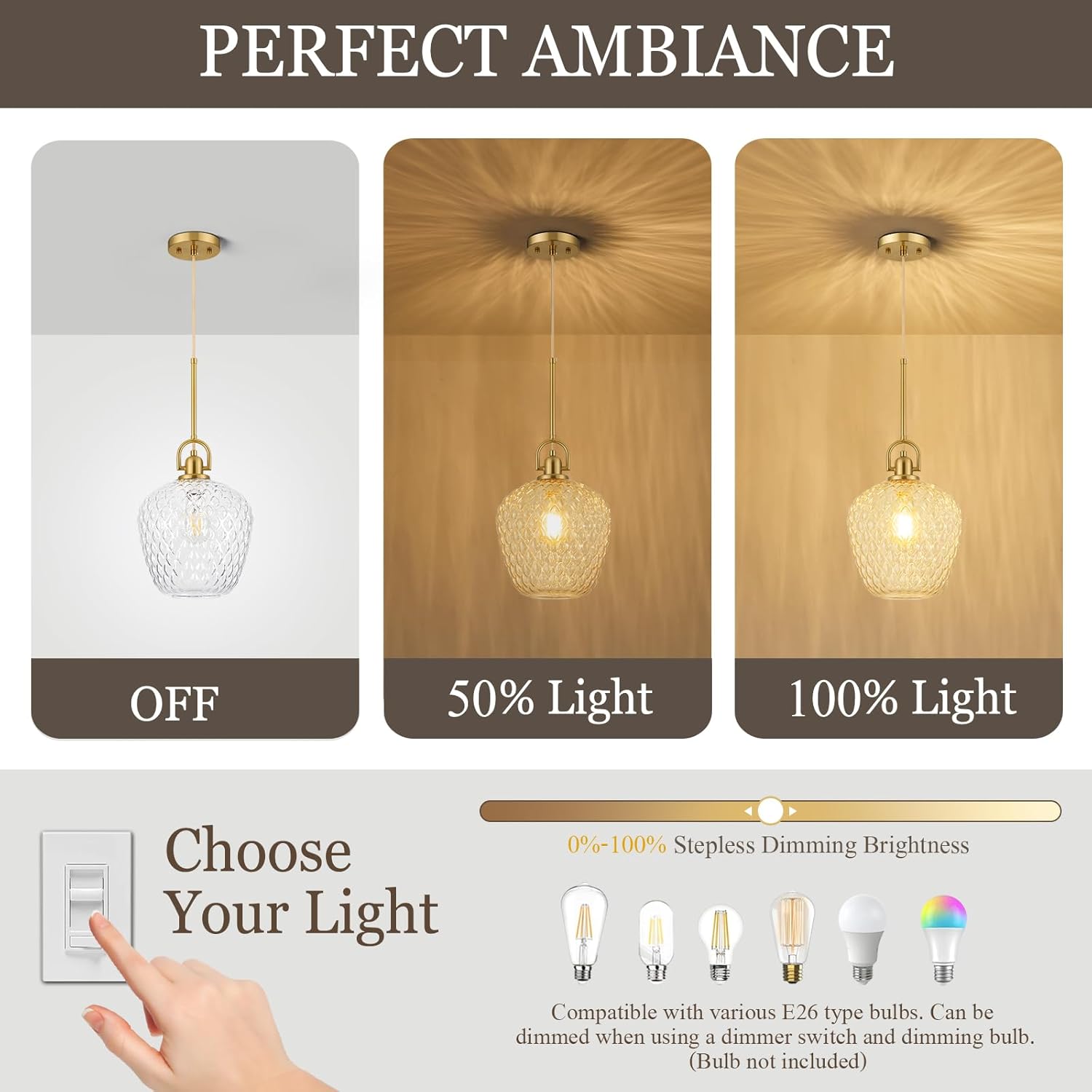 Brushed Gold Pendant Lights Kitchen Island, 10" Large Glass Pendant Light with Hammered Glass Modern Hanging Lighting Fixtures for Kitchen Island Dining Room Entryway Foyer