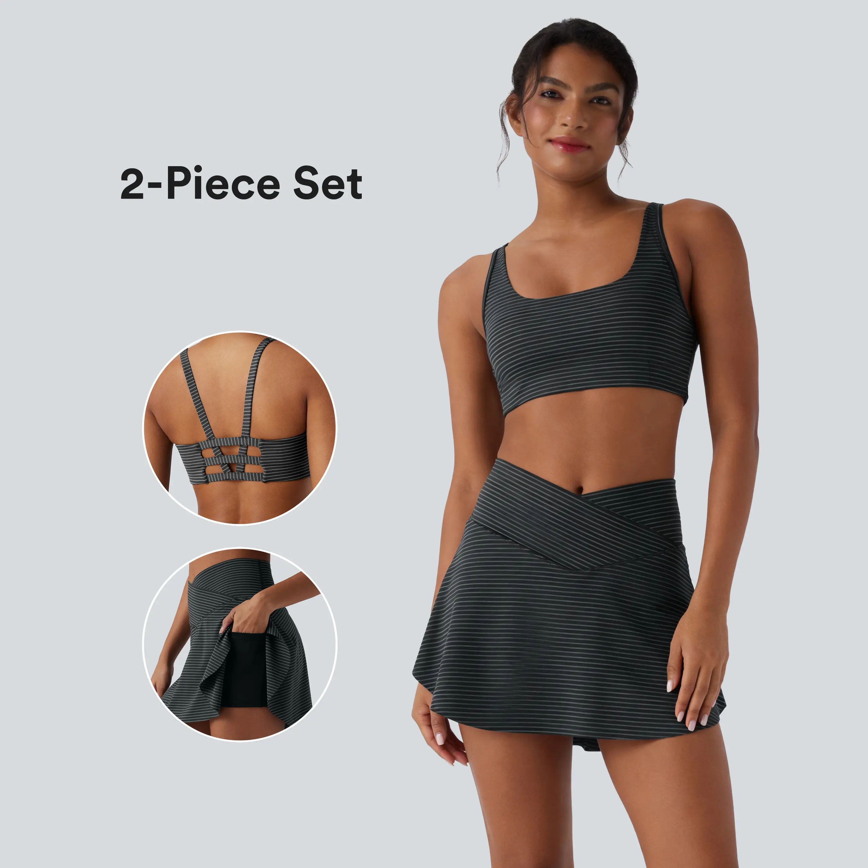 Halara 2-piece Low Support U Neck Cut Out Stripe Yoga Sports Bra&High Waisted Crossover 2-in-1 Stripe Mini Tennis Skirt with Pockets Set